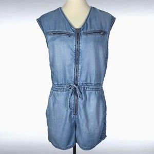 Diesel Womens Romper S Chambray Blue Sleeveless Pockets Lyocell Oversized Short